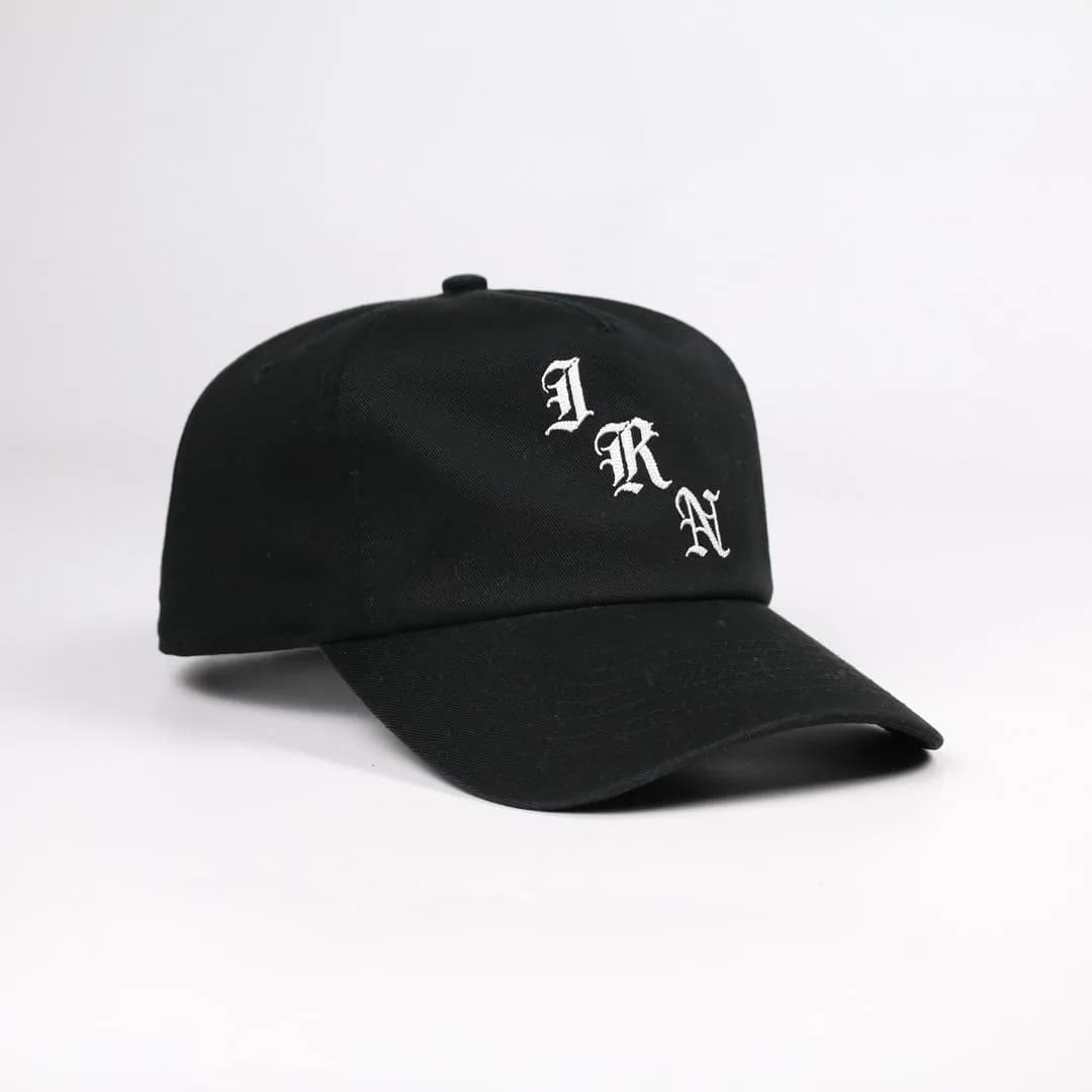 Black Ironwilled cap with white embroidered IRN lettering